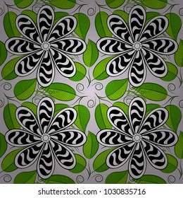 Vector illustration. On green, black and white colors in watercolor style. Seamless spring pattern with little flowers.