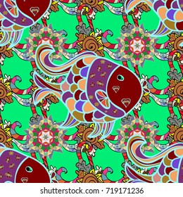 Vector illustration. On green, blue and red colors in watercolor style. Seamless spring pattern with green, blue and red, brown. Fish.