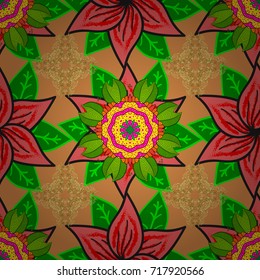 Vector illustration. On green, orange and pink colors. A pattern of green, orange and pink daisies on a green, orange and pink colors.