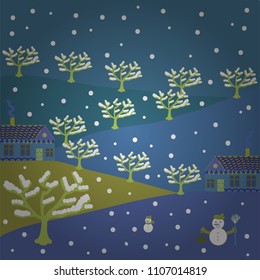 Vector. Illustration on green, white, yellow, blue colors. Perfect for kids fabric, nursery wallpaper. Nice nature landscape concept. Colorful pattern with house, trees, snowman, mountains and hills.