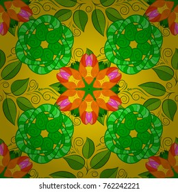 Vector illustration. On green, yellow and orange colors. 3d flowers, seamless.