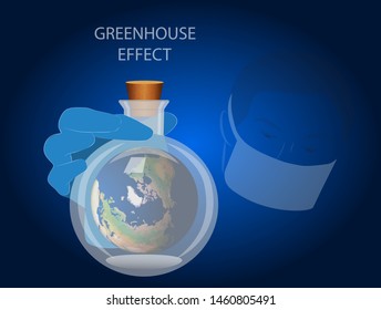 Vector illustration on the greenhouse effect. Lab technician in a mask holding a flask with the Earth inside