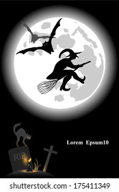 Vector illustration on halloween theme with full moon, witch, bats, black cat, candle and gravestone