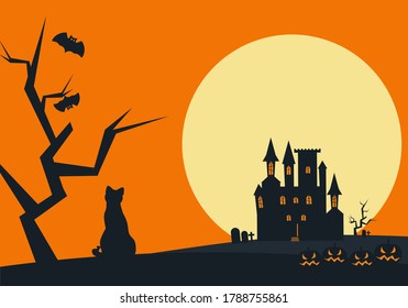 Vector illustration on a halloween theme. Dracula's castle or haunted house on the background of the moon at night.
