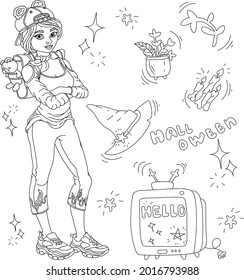 Vector illustration on a Halloween theme with a modern witch girl, with holiday elements, TV, witch hat, candles, flowers, stars.Vector illustration for art therapy, coloring, for greeting cards, icon