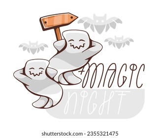 Vector illustration on Halloween theme with cute ghosts and lettering.