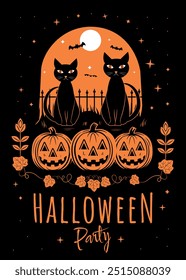 Vector Illustration On the Halloween Theme, Cute Pumpkins, Curls, Leaves and a Couple of Cats, Happy Halloween party poster,  Jack-o'-lantern