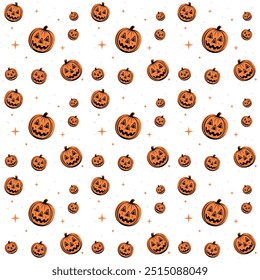 Vector Illustration On the Halloween Theme, Cute Pumpkins, Curls, Leaves, Jack-o'-lantern seamless pattern
