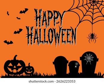 Vector illustration on Halloween theme with pumpkins, spider web and bats on orange background with the words "Happy Halloween". Banner, social media post, text.