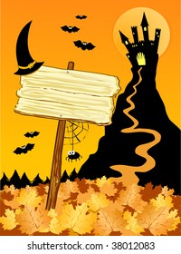 Vector illustration on the Halloween theme, depicting a castle on the hill in the foreground and a custom folders backed with a witch's hat