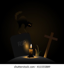 Vector illustration on halloween theme with black cat, candle and gravestone