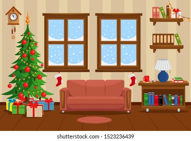 Vector illustration on happy Christmas and new year. Room with a sofa, a bookcase, Windows, a Christmas tree and the gift table.