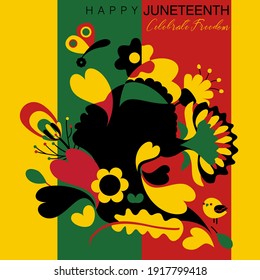 Vector illustration on Happy Juneteenth in abstract colorful floral designs and a black woman on a red green and black background flag colors of Africa