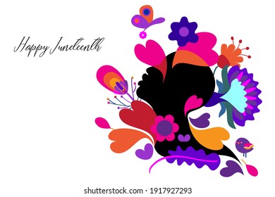 Vector illustration on Happy Juneteenth in abstract colorful floral designs and a black woman on a white isolated background