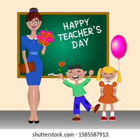 Vector Illustration on Happy Teacher's Day. Children greet teacher. Schoolchildren give flowers teacher. The kids and the teacher standing at the blackboard. Back to school. Teacher clipart.