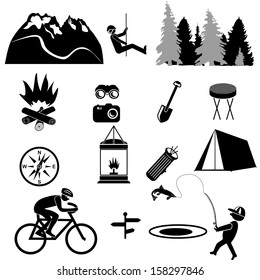 Vector illustration on a hike in the mountains and outdoor recreation