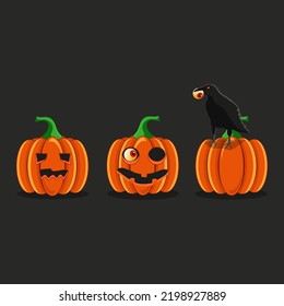 Vector illustration on the holiday Halloween theme. Festive banner. Three juicy pumpkins with and without a carved face. Raven keeps an eye.