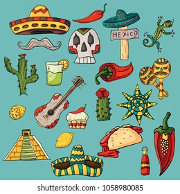 vector illustration on isolated background Mexican design elements cacti, sombrero, and other Mexico country symbols