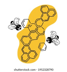 Vector illustration on an isolated background. Hand-drawn cartoon bees and honeycombs. Contour drawing for labels, stickers, backgrounds, prints, and honey-themed decor.