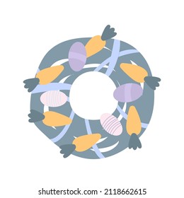 Vector illustration on an isolated background with an image of a wreath with an Easter decor of ribbons, carrots and eggs