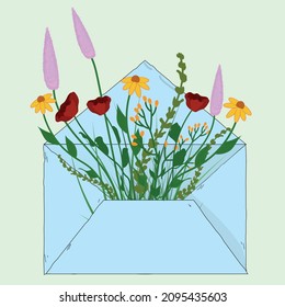 Vector illustration on an isolated background.A cute bouquet of summer wildflowers and herbs.Beautiful daisies and cornflowers in a greeting envelope will become a postcard, print, sticker, packaging
