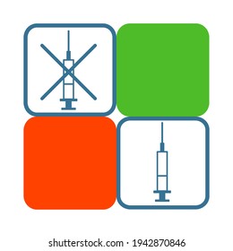 Vector illustration on an isolated background.Controversies and opinions about vaccination and vaccines. Everyone has a choice. Two syringes with stylized red and green direction arrows. 