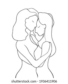 Vector illustration on an isolated white background. A pair of bisexual girls embrace. Linear art. A gentle abstraction. Romance. Passion.