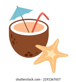 Vector illustration on isolated white background in flat style.Fresh tropical,exotic cocktail in half coconut.Refreshing beach drink garnished with blue umbrella and straw.Beige starfish lies nearby