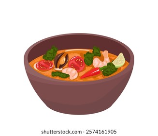 Vector illustration on isolated white background. Tom yum soup. Delicious food. Thai, Asian cuisine.