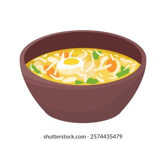 vector illustration on isolated white background. chicken soup with noodles and egg. tasty, light food. healthy, wholesome food.