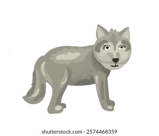 Vector illustration on isolated white background. Gray kind cute wolf. Animal world for kids. Minimalistic character in cartoon style.