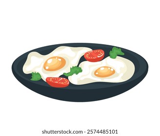 vector illustration on isolated white background. dark plate with fried eggs, tomatoes, parsley, spicy greens. two eggs with bright yellow yolk. delicious breakfast