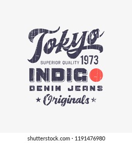 Vector illustration on the Japanese superior jeans, denim and raw. Tokyo. Vintage design. Grunge background.  Typography, t-shirt graphics, print, poster, banner, flyer, postcard
