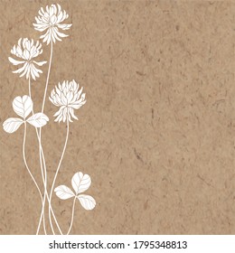 Vector illustration on kraft paper with copy space for text - background with clover - backdrop for greeting cards, posters, banners and placards. Vertical composition.