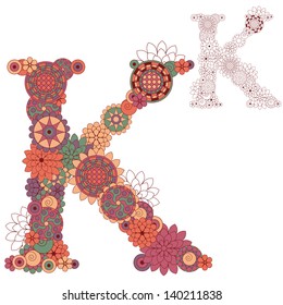 Vector illustration on the letter K from abstract decorative flowers.