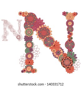 Vector illustration on the letter N from abstract decorative flowers.