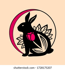 Vector illustration on a light background. Hare, rabbit with flowers, designer image .Animal.