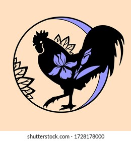 Vector illustration on a light background. Rooster with flowers, designer image .Animal.