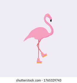 Vector illustration. On a light background. Pink flamingos have fun on roller skates.