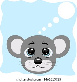 Vector illustration. On a light blue background there is a picture of a cute mouse with big eyes