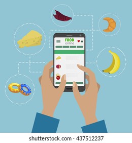 
Vector illustration of  on line grocery shopping,  ordering of food  with hands on touchscreen. Using a smart phone for order food.

