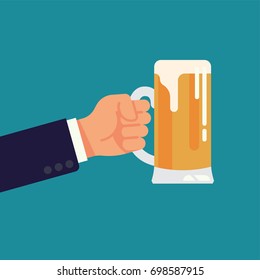 Vector illustration on male hand in suit holding beer mug. Drink beer concept illustration with abstract male hand holding pint of beer