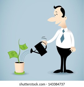 Vector illustration on a man watering money plant.