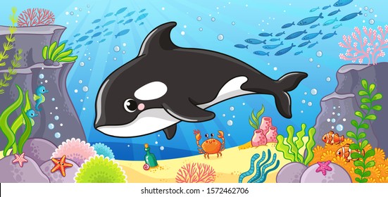 Vector illustration on a marine theme with a cute killer whale. Sea life in cartoon style.