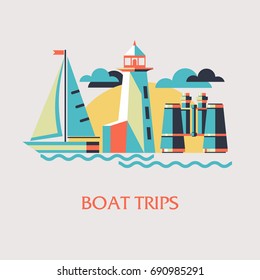 Vector illustration on the marine theme. The sailboat, the binoculars, the lighthouse, the compass. In flat style.