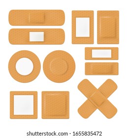 Vector illustration on a medical theme with medical adhesive tape plasters set. Realistic illustration on white background isolated
