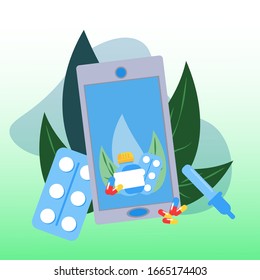 vector illustration on a medical theme for sites and applications, a set of medicines, phone 