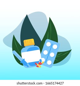 ilustración vectorial sobre un tema médico para sitios y aplicaciones, un conjunto de medicamentos, teléfono 