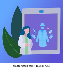 vector illustration on a medical theme for sites and applications, 
image of doctor and tablet