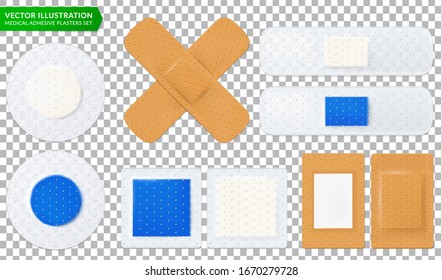 Vector illustration on a medical theme with medical adhesive tape plasters set. Realistic illustration on a transparent background isolated